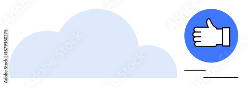 Soft blue cloud next to a thumbs-up icon in a blue circle with lines. Ideal for cloud storage, social media, internet, networking, approval, communication, simple landing page
