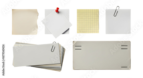 Collection of assorted paper notes, envelopes and index cards, pinned and clipped on a white background