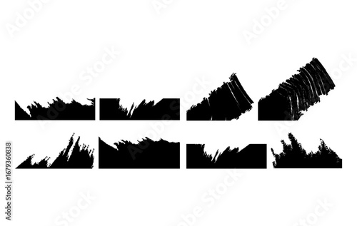 Black grunge brush stroke borders set featuring distressed paint effects, rough textured strokes, and hand drawn grunge edges. ideal for use in posters, retro designs, and digital artworks.