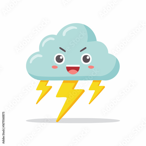 Cute angry cartoon storm cloud character with lightning bolts. Kawaii weather illustration with a mischievous expression