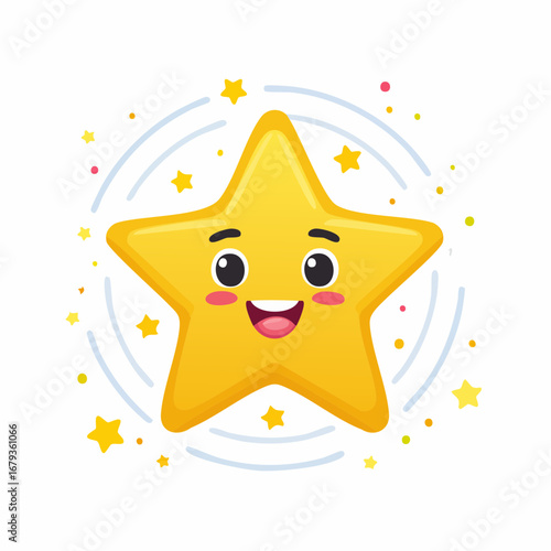 A cheerful cartoon star with a wide smile, rosy cheeks, and big eyes, surrounded by a halo of sparkling light and colorful circular patterns