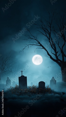 Haunting halloween graveyard scene under full moon spooky atmosphere nighttime view