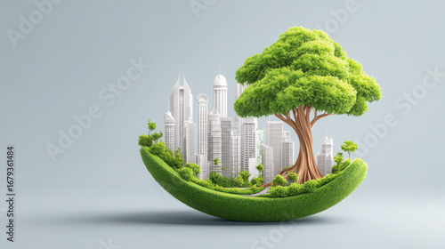 A futuristic cityscape integrated with lush greenery and a large tree, symbolizing harmony between nature and urban life.