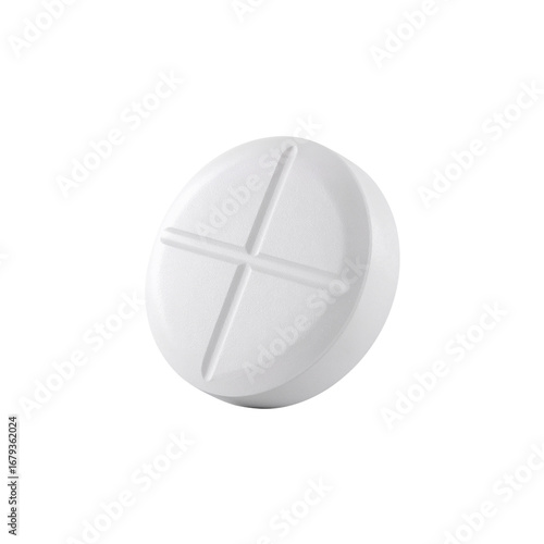 Isolated white tablet with cross mark floats, a medical concept on pure transparent surface
