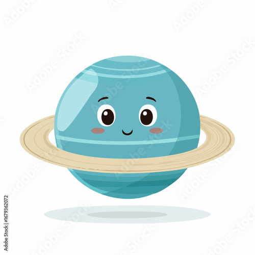Cute cartoon Uranus planet character with a happy smiling face. Adorable kawaii space object with rings isolated on a white background for children