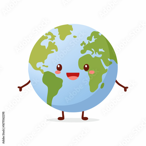Cute smiling happy Earth planet character. Kawaii style globe illustration for eco-friendly and global conservation concepts. Vector graphic isolated on a white background