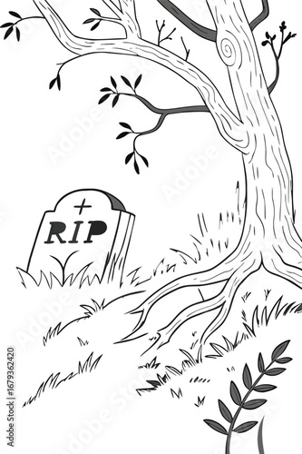 Eerie Graveyard Scene with Tombstone and Twisted Tree Silhouette for Autumnal Designs and Halloween-Themed Projects