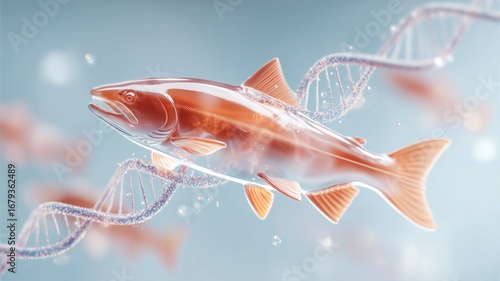 DNAと融合したサーモンのイメージ。サーモンDNAやPDRNをイメージさせるスキンケア成分のビジュアル。 