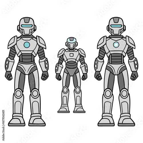 Futuristic sci fi robot android character design isolated on white background