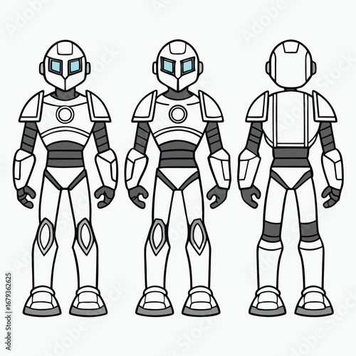 Futuristic sci fi robot android character design isolated on white background