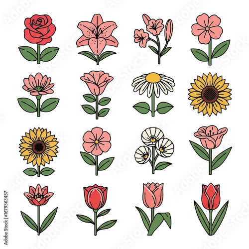 A collection of stylized, colorful flower illustrations including roses, tulips, sunflowers, daisies, and lilies, perfect for graphic design and floral motifs