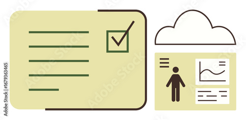 Checklist with marked tasks, analytics dashboard featuring a graph and user data, cloud icon symbolizing digital organization. Ideal for productivity, project management, workflow, teamwork, goal