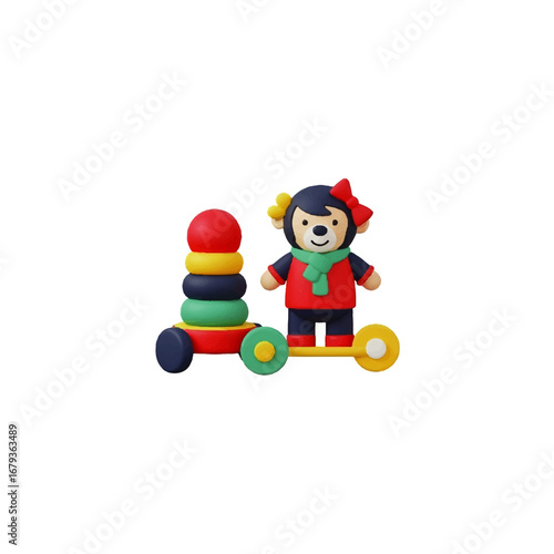 3D rendered illustration of a charming monkey child's toy on a scooter and a colorful ring stacker, perfect for nursery or playtime concepts