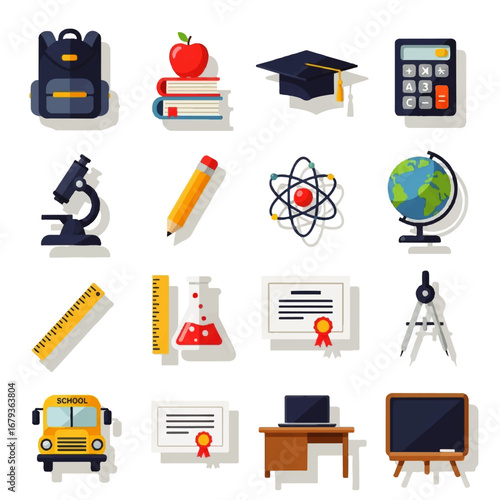 Collection of school supplies and educational tools, including backpack, books, graduation cap, calculator, microscope, pencil, atom, globe, ruler, flask, diploma, compass, bus, laptop, and blackboard