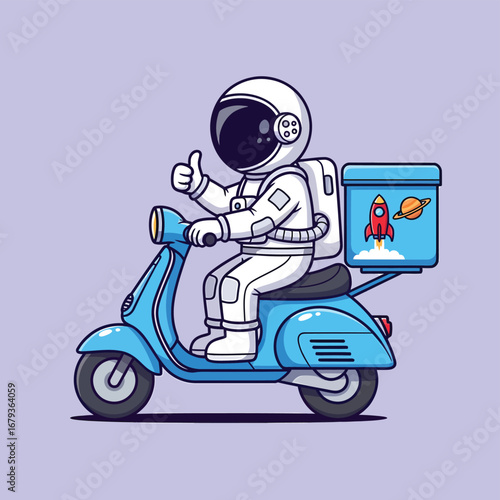 Astronaut delivers with a thumbs up on a scooter, showcasing space adventure and fast transport