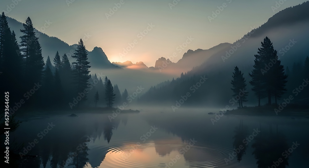 Fototapeta premium Misty Mountain Lake Sunrise.