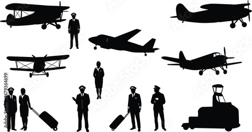Silhouette illustration of airplanes, pilots, flight attendants, airport ground vehicle, aviation crew, travel concept, black and white vector art