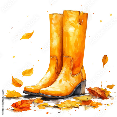Autumn Boots, watercolor drawing vector, isolated on a white background.