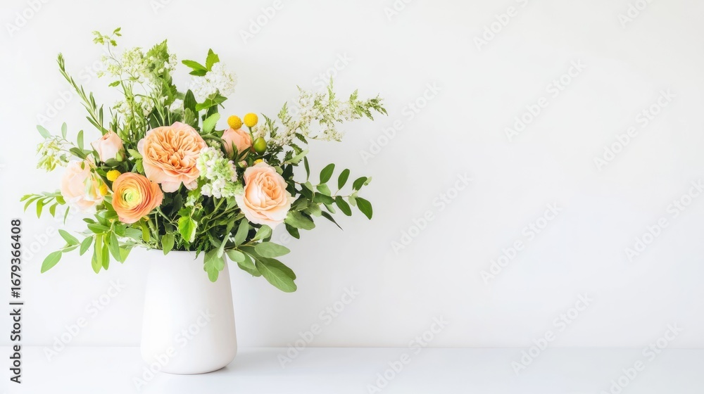 custom made wallpaper toronto digitalA beautiful arrangement of soft peach roses and greenery in a simple white vase, perfect for enhancing any space with a touch of elegance and natural beauty.