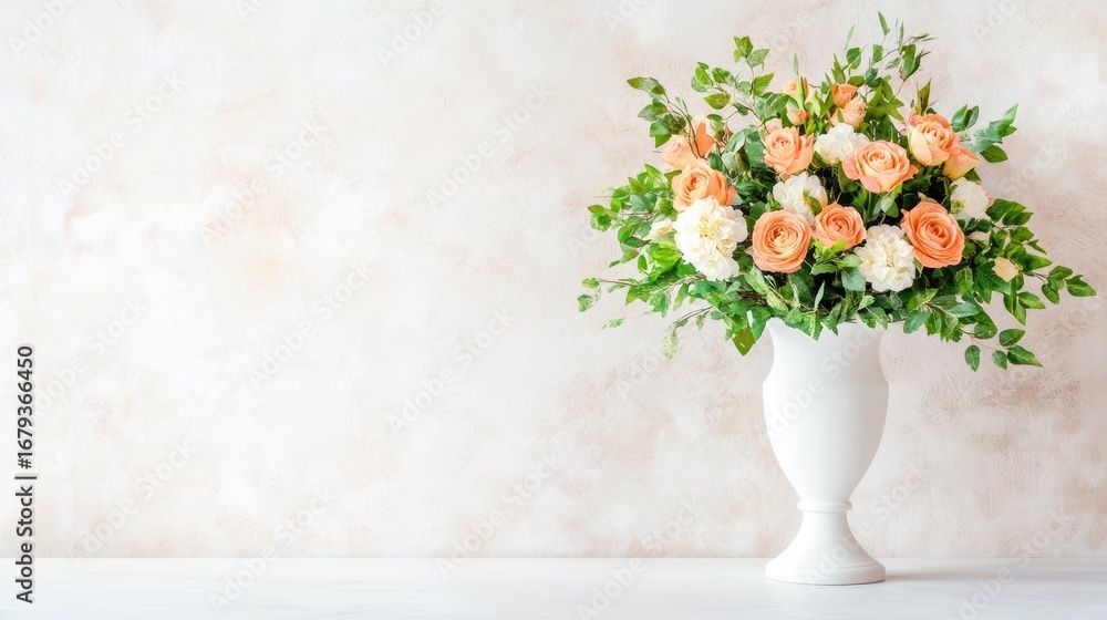 Naklejka premium A beautiful arrangement of orange and white flowers in a classic white vase, set against a soft, neutral background. Ideal for home decor, events, or floral design inspiration.