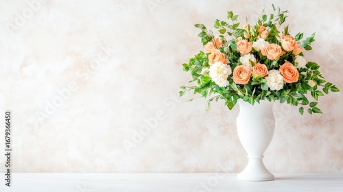 Wallpaper Mural A beautiful arrangement of orange and white flowers in a classic white vase, set against a soft, neutral background. Ideal for home decor, events, or floral design inspiration. Torontodigital.ca