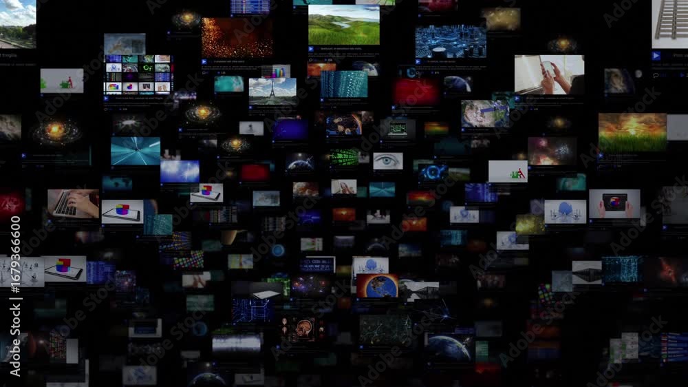 Dynamic Collage Of Multiple Digital Screens Displaying Global Technology, Science, And Communication Concepts, Representing The Immense Flow Of Modern Multimedia Information