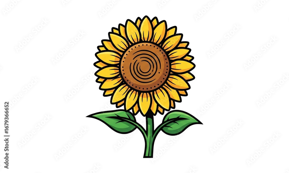 Obraz premium Illustration of a sunflower with yellow petals and green leaves on a black background