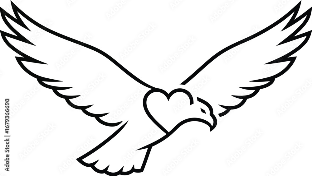 Obraz premium Illustration of a flying eagle with a heart on its chest in black and white