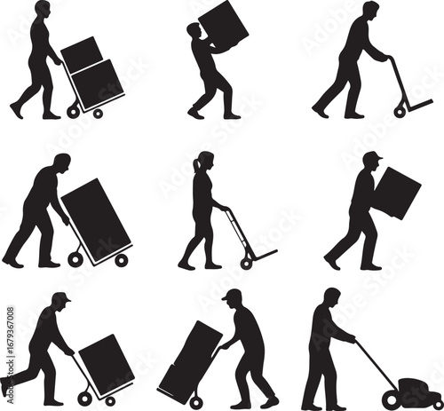 Silhouetted figures moving boxes and other items