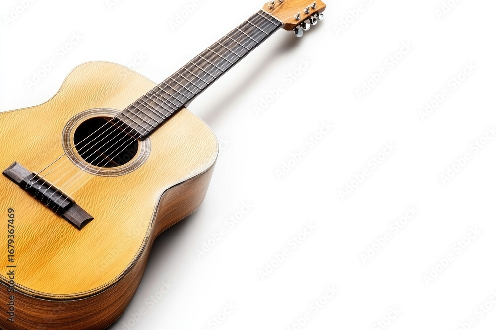 Fototapeta premium An acoustic guitar with rich wood tones, capturing the essence of music. Perfect for showcasing the beauty and craftsmanship of string instruments in a serene setting.