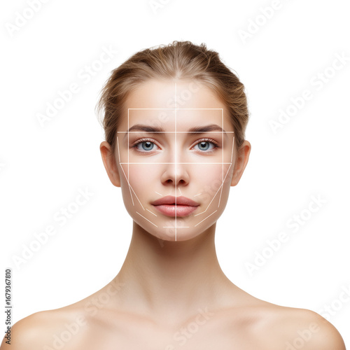 Female face with symmetry lines on transparent background, concept of beauty, dermatology, and facial recognition