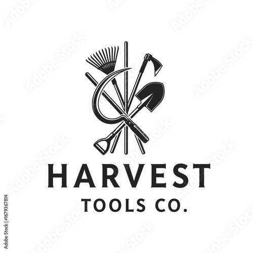 Agriculture equipment harvest tool farm, logo design illustration