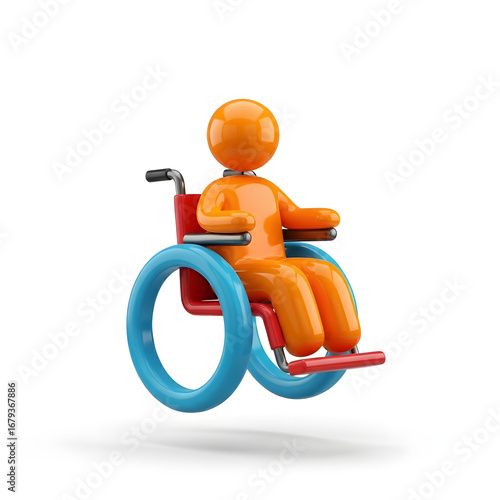 3D character in a modern wheelchair. A visual concept for disability, accessibility, inclusion, healthcare, and mobility challenges. Isolated on a white background