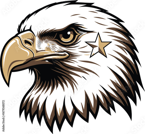 Illustration of an eagle head with a star on its head against white background