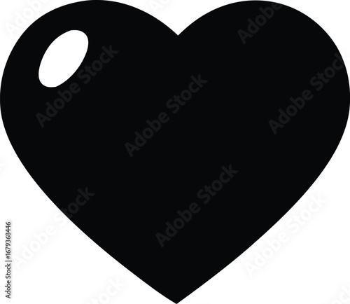 Glossy black heart symbol graphic design element with white highlight for romance and love themes