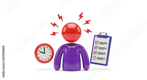 Stressed 3D character overwhelmed by deadlines and a to-do list. A concept for time pressure, project management challenges, and burnout. Isolated on a white background