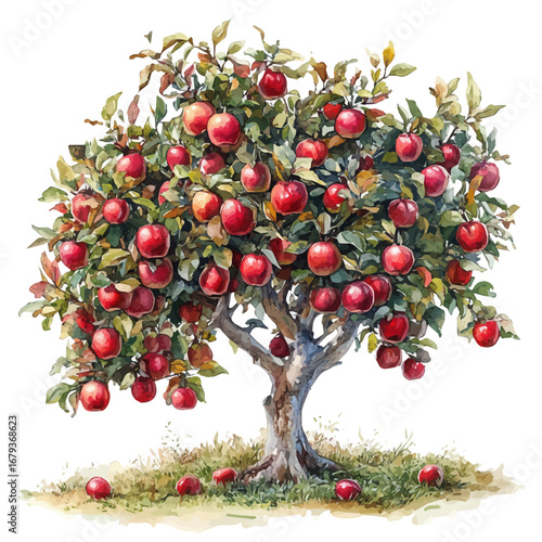 Apple Picking Fall Orchard, watercolor painting vector, isolated on a white background.