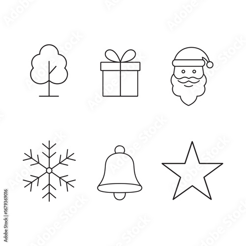 Christmas Line Icons Pack: Santa Gift Tree Snowflake Bell Star Vector