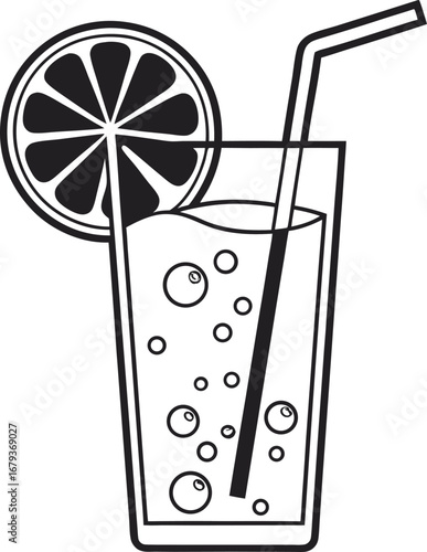 Refreshing glass of citrus juice with orange slice and straw bubbles drink beverage