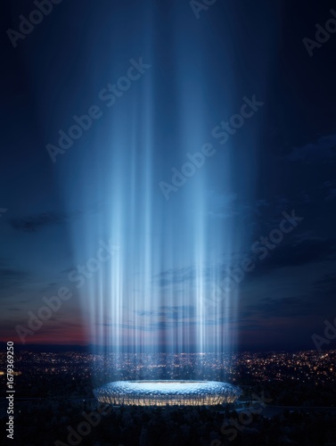 Futuristic stadium with radiant light beams piercing the night sky, illuminating the urban landscape.