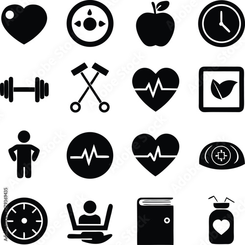 Health and wellness icons set heart ecg dumbbell apple clock lifestyle medical fitness symbols
