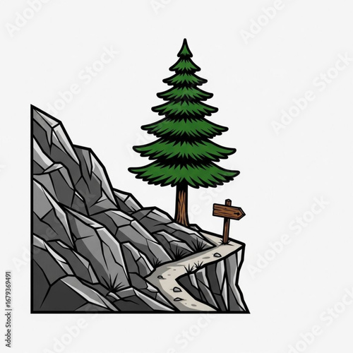 Mountain Pine Tree Trail Illustration – Rocky Path with Evergreen and Wooden Sign, Adventure Vector Art
