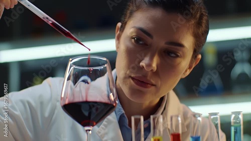 Close Up of Focused Woman Analyzing Red Wine in Glass with Dropper in Laboratory Setting