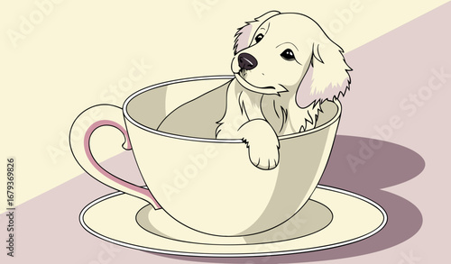 A golden retriever puppy sitting inside a giant teacup, looking curiously at the camera, bright pastel background, high-resolution, soft shadows, commercial photography style."