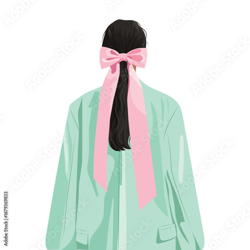 Vector faceless fashion illustration of woman in oversized jacket and hair band, back view.
