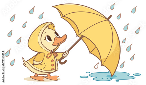 "A baby duck wearing a tiny raincoat and standing under a bright yellow umbrella, raindrops splashing around, vibrant colors, cute and heartwarming concept art, photorealistic style."
