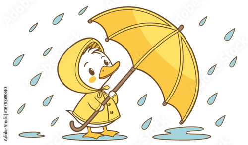 "A baby duck wearing a tiny raincoat and standing under a bright yellow umbrella, raindrops splashing around, vibrant colors, cute and heartwarming concept art, photorealistic style."