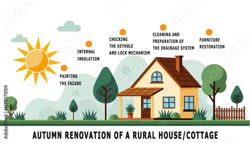 Infographic of autumn renovation tasks for a rural house with icons and sunny background