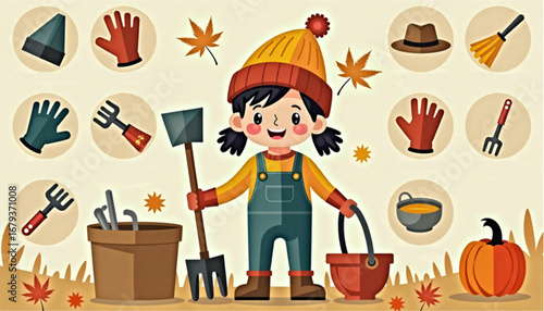 Joyful child gardener with tools and fall leaves ready to work in a vibrant autumn garden 

