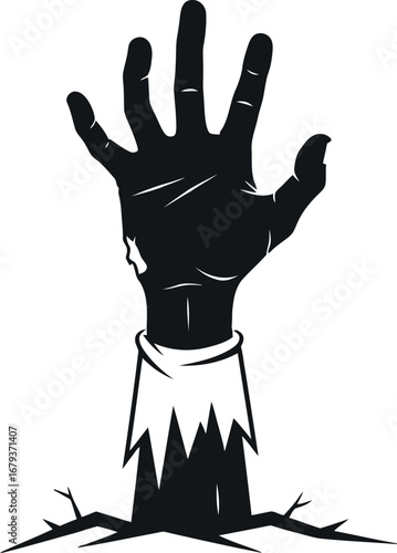 Spooky Halloween vector illustration of a zombie hand rising from the grave, a scary undead monster graphic design asset